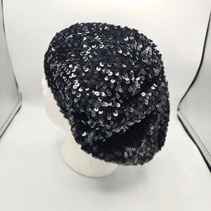 Vintage Womens Ladies Disco Black Sequined Hat Beanie Costume Halloween Party